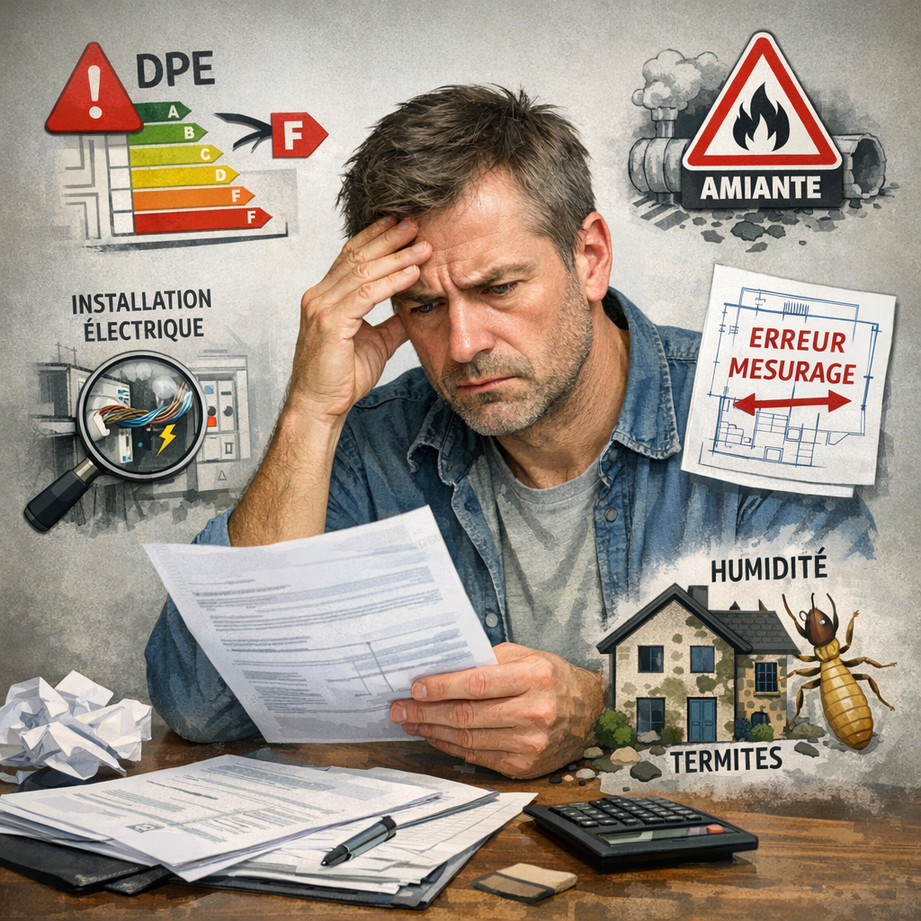 Personne préoccupée examinant des documents, symbolisant les erreurs courantes en diagnostic immobilier